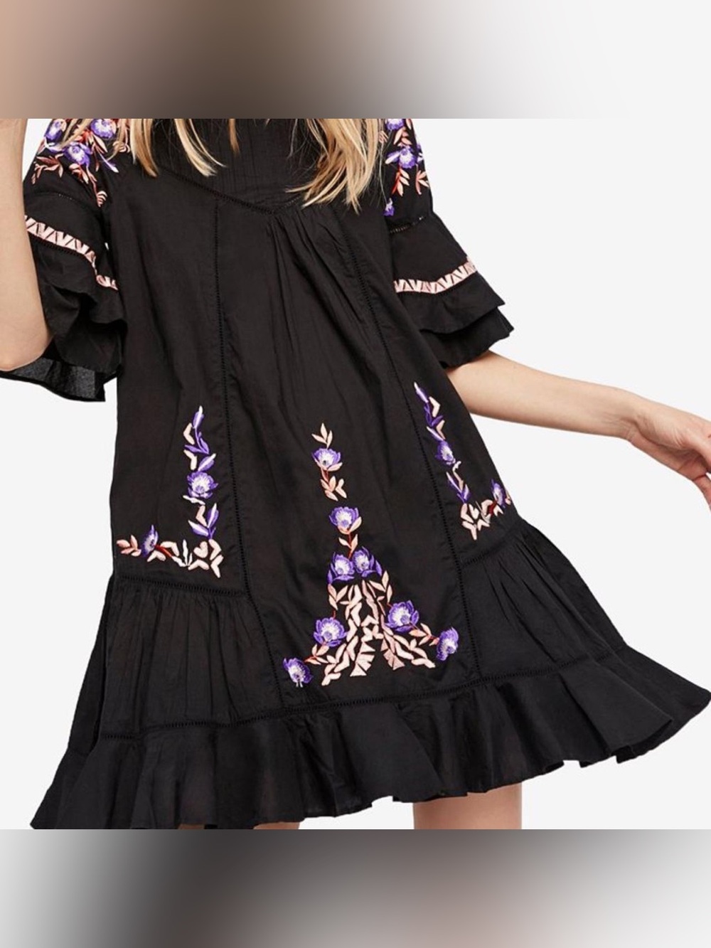 Free People Embroidered Black Mini Dress XS – Fall Boho Floral Back‑to‑School - Picture 2 of 8